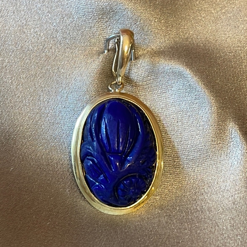 Vintage Carved Lapis Lazuli Pendant Enhancer Solid 14k!
